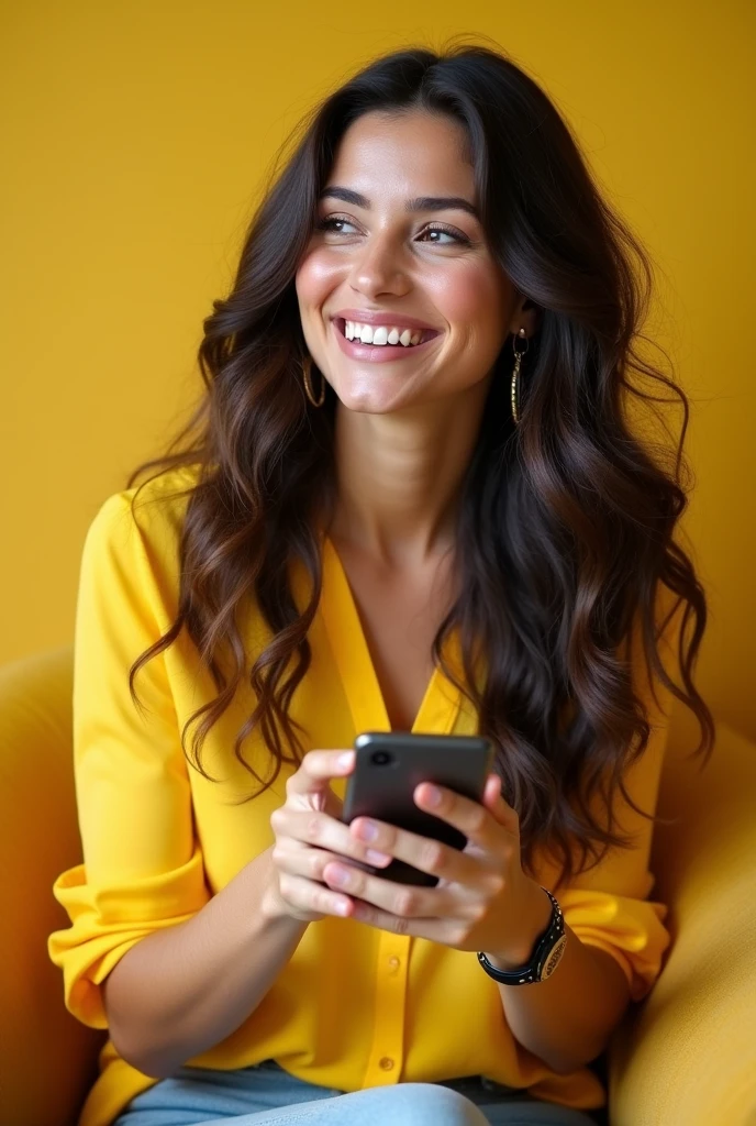 Realistic photo of a successful Brazilian woman with long wavy hair in a yellow blouse, and is very confident and happy, with a successful woman pose, ONLY THE FACE, now with a light yellow background, sitting, using cell phone