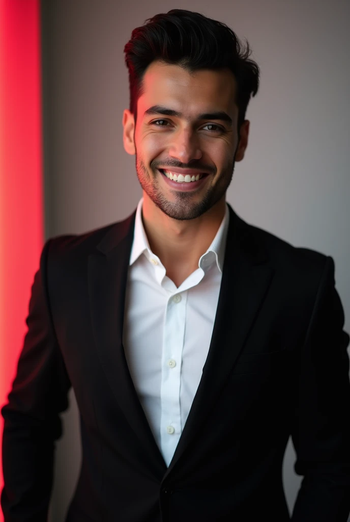 A young man with dark hair and a code smile. He is dressed in a black blazer ove a whiteshirt.
The man is positioned against a la colour backdrop with a subtle red lighting on the left side. and he posing for Linkedin ofile