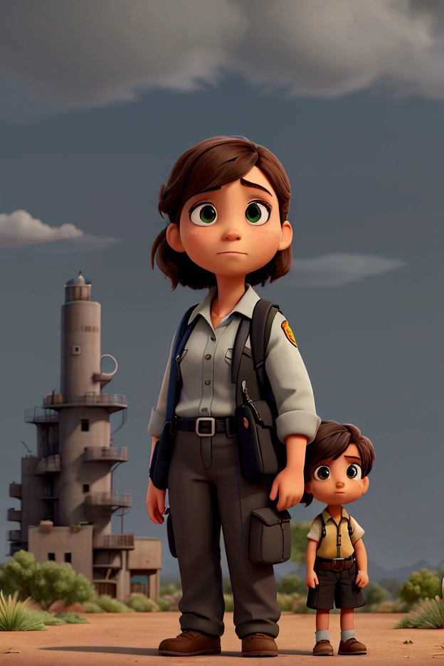 bottom: A grey and cloudy sky, with factories on the horizon emitting columns of dark smoke that mix with the clouds. The atmosphere is gloomy, reflecting the pollution that threatens the city. Main characters: officer: In the middle, a girl of about , with dark hair and big eyes full of hope. She is holding a small pot with a green plant that contrasts with the gray background. officer tiene una expresión determinada, as if she was determined to find a better place. When: Junto a officer, a boy of about , with short hair and a backpack on his back. He is looking forward, holding a map in his hand, showing the way to a new destination. His expression is serious but full of determination.. Elements of the Environment: desert: To the right of the duo, A vast desert stretches out, beginning right where the city ends., symbolizing the difficult journey ahead. green Forest: In the upper left corner, A lush green forest is visible, almost like a reflection in the sky, representing the goal of their journey. Although it is distant, The forest is a beacon of hope in the midst of darkness. Additional Details: Marta and Hugo: in background, smaller, se pueden ver a Marta and Hugo observando a officer y When desde la distancia, as if they were also considering following them. Marta might be slightly turned towards Hugo, while Hugo looks towards the forest.