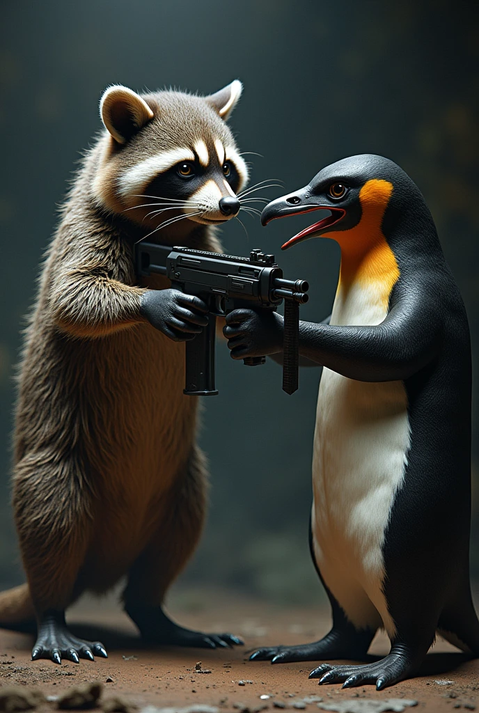 It depicts a raccoon on top of a gun-toting platypus killing a crimson red killer penguin with a machine gun in his hand