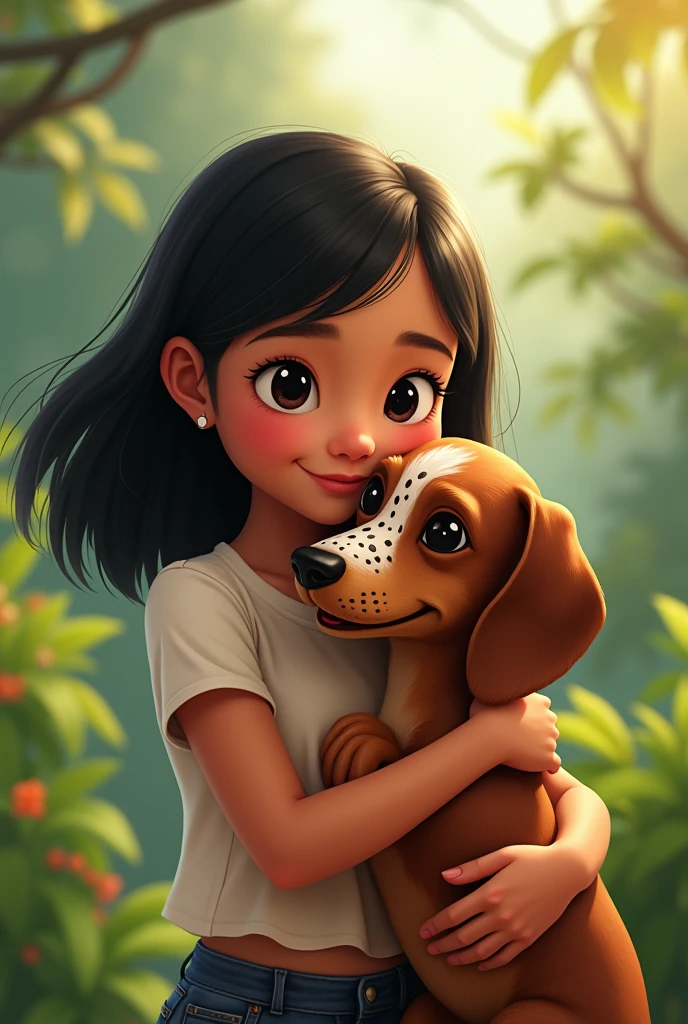 from this platform: "There is a small dachshund with lots of white spots only on the dog's face and a age girl hugging him with straight black hair and brunette in Ecuador
