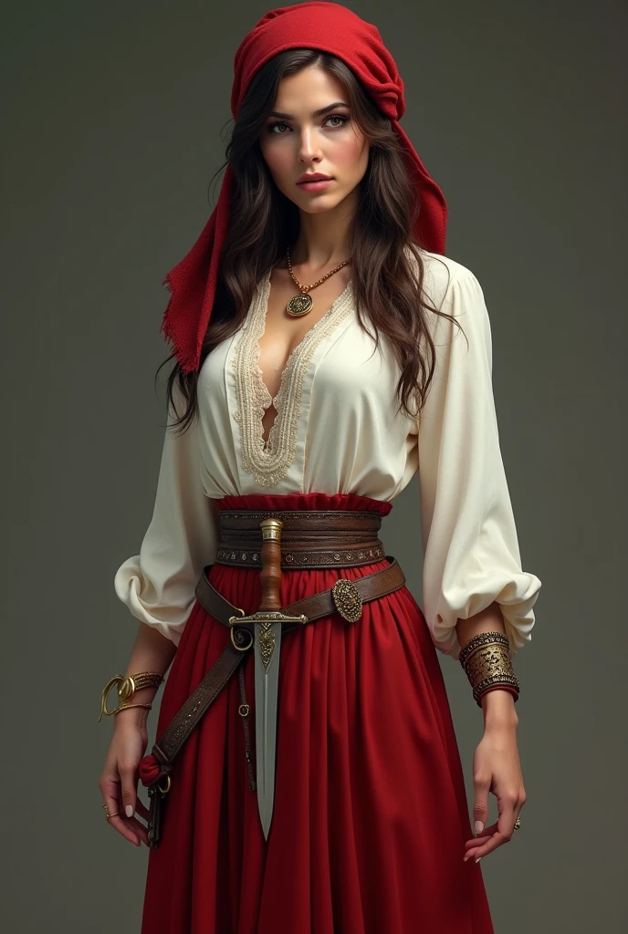 an authoritarian gypsy woman, she wears a white long sleeved blouse, smooth and simple, with a long red skirt, show your whole body, She is brunette, and the cloth in the hair is a red cloth, she has a small dagger at her waist the dagger is covered by a protective cover, a gypsy ring on her fingers and a small golden bracelet, she wears bare feet SHE DOESN'T WEAR NECKLACES OR EARRINGS