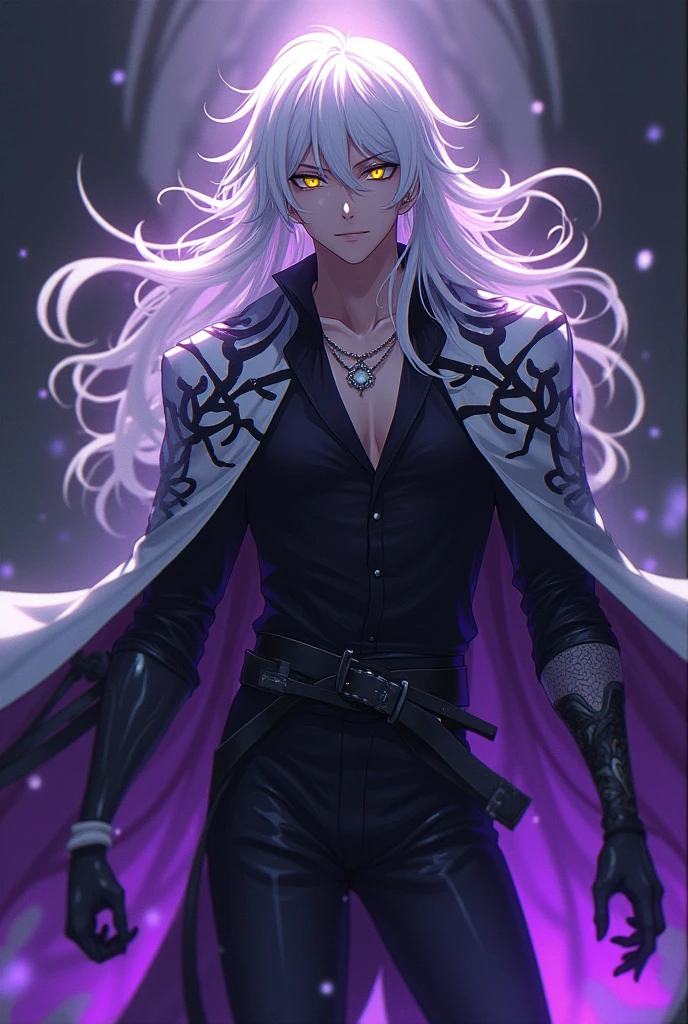 I want you to create a character that has gravity abilities and is a necromancer and has yellow eyes and white hair and a half draconic arm and has a spider cloak, the cloak is black and white, and I want you to make it a male anime version, now make this character using the 2 skills, he sadistic, right arm is dragon and the left is human, make him with a purple aura, black and white cloak, long hair 