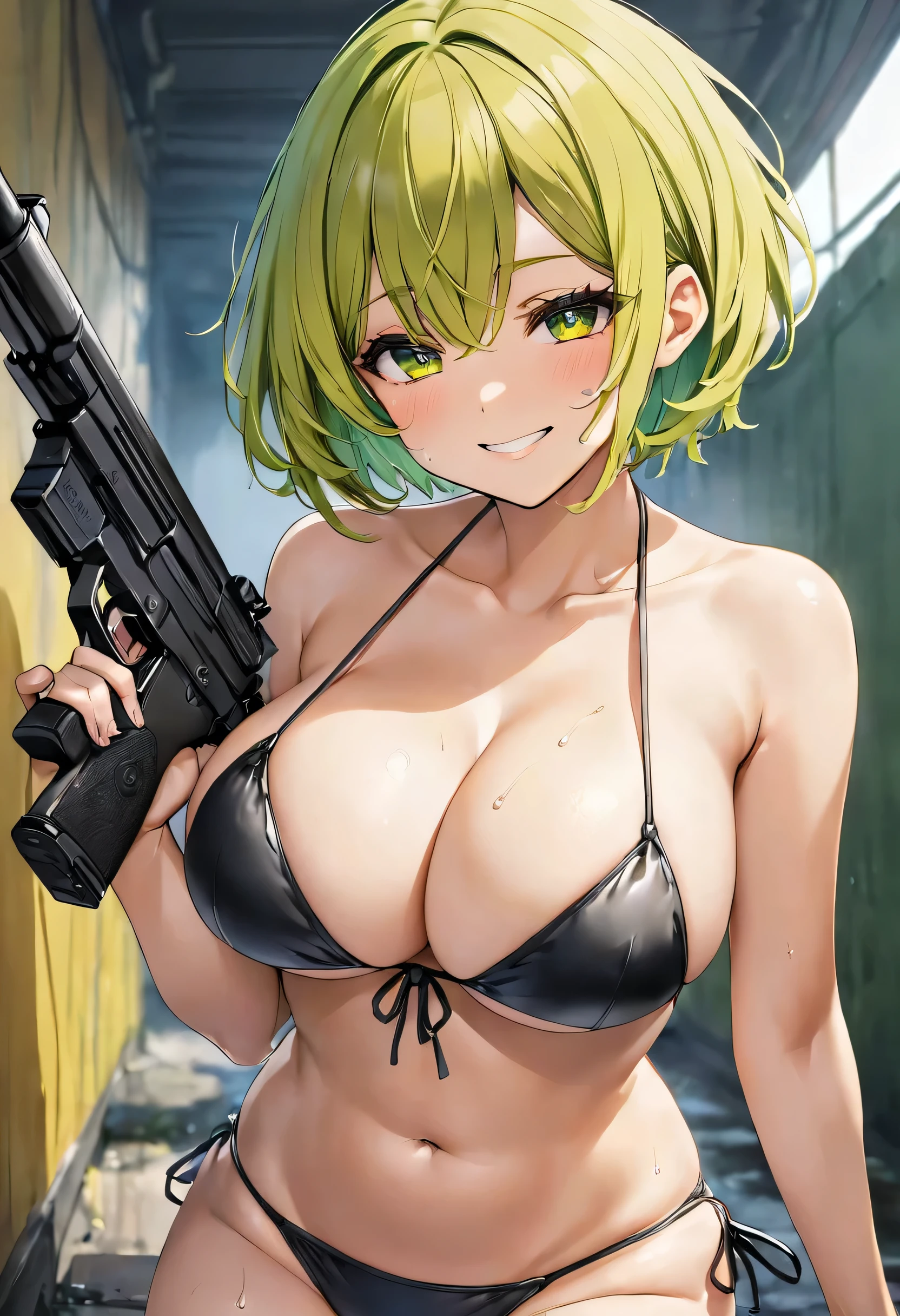 Yellow-green messy short hair、Yellow-green eyes、Big Breasts、Black Micro Bikini、Sweaty、Accentuate your breasts、Put the gun between your chest、smile、Ready your gun?