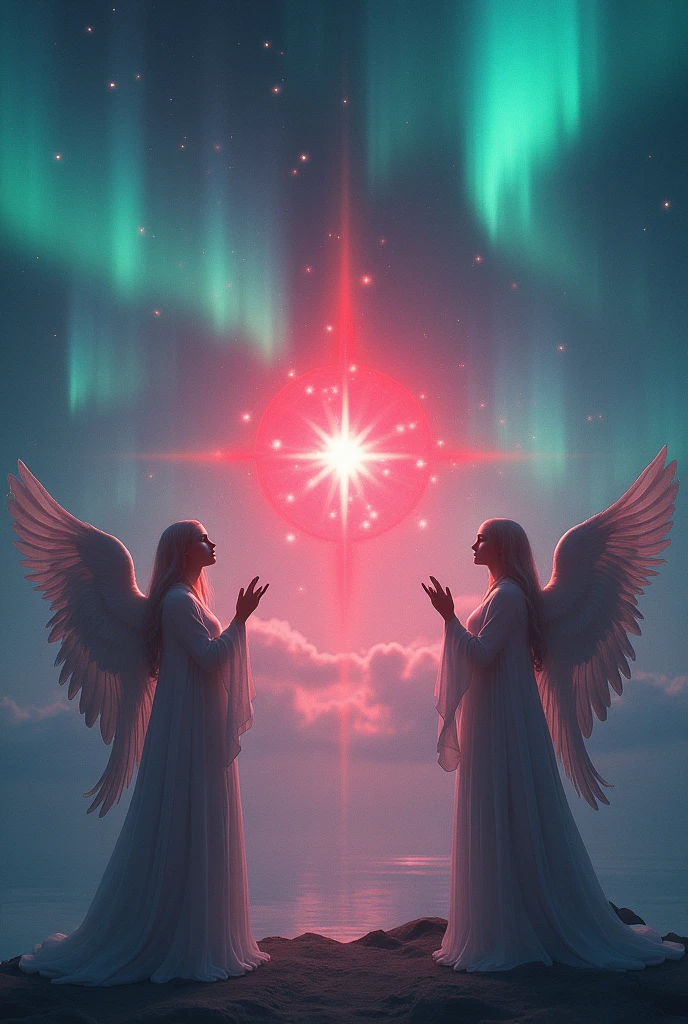 (Photorealism:1.2) a sky of aurora borealis and angels surrounding a red star