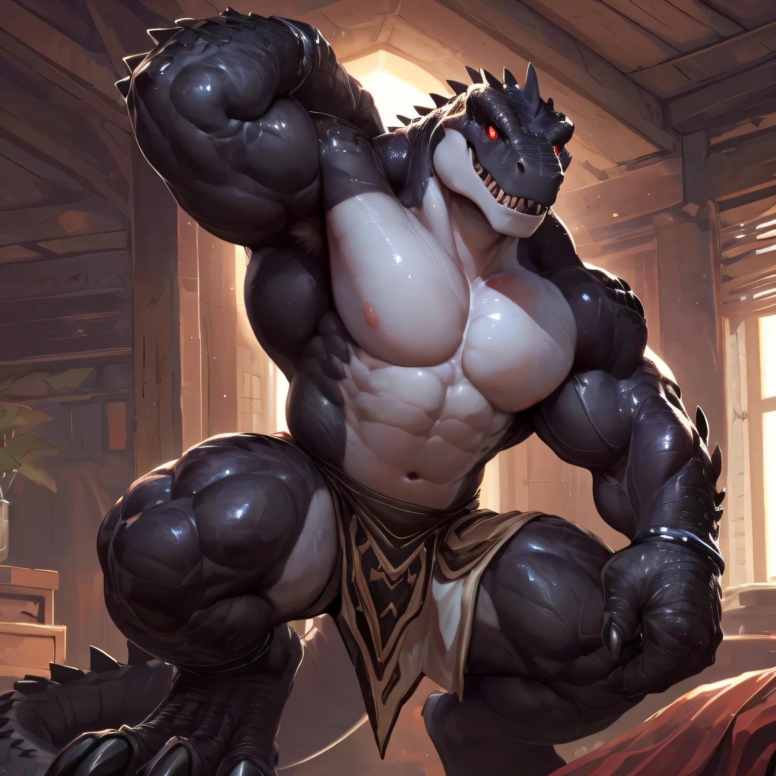 solo, anthro, furry male, ultra details, T-Rex, ((ultra detailed muscles)), (T-Rex print), black scales, white belly, black spiny scales, bedroom, standing up, bodybuilding pose, bodyguard outfit, black claws, red eyes, slit eyes, slim fit, muscular slim, menacing, handsome, flirt, ultra detailed slit eyes, pecs, hind leg, tail, looking at viewer, (Masterpiece, by null-ghost, ultra hi-res, 8k), naked torso , black loincloth, front pov.