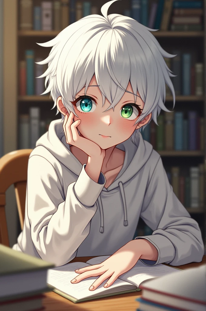 Albino anime boy with heterochromatic eyes, one blue and one green,Studying