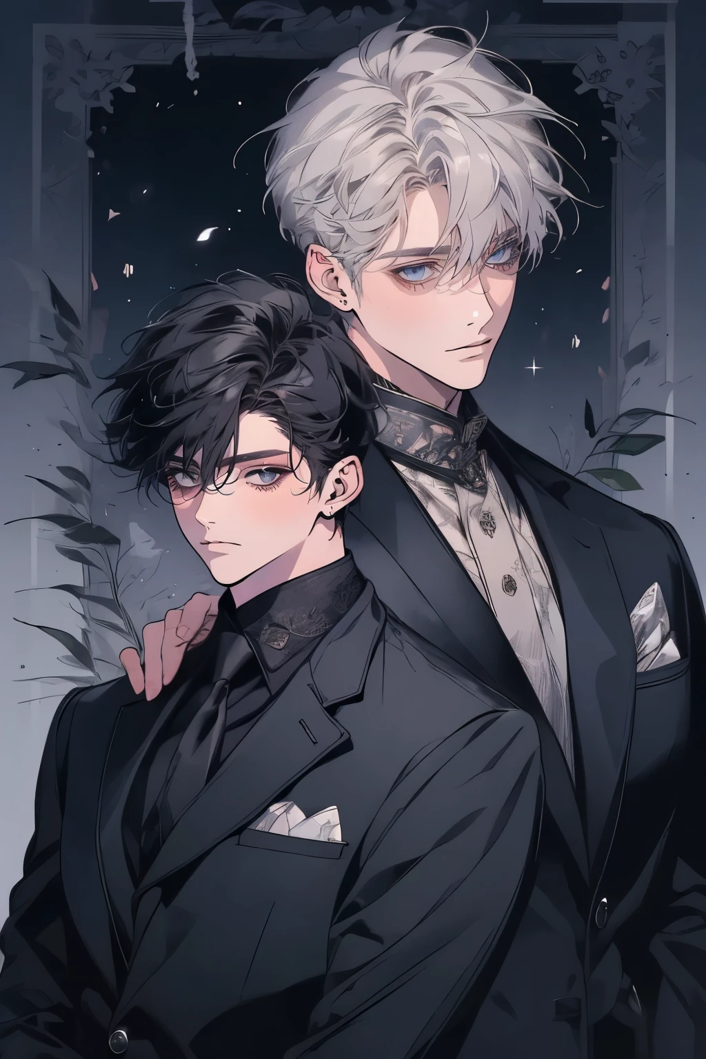 (Mastepiece)、(Best Quality)、Very detailed、((Two friendly men:1.4))、Perfect Face、Beautiful Face、Very detailed顔、(Black-haired man:1.3)、(Grey-haired man:1.3)、shirt、suit