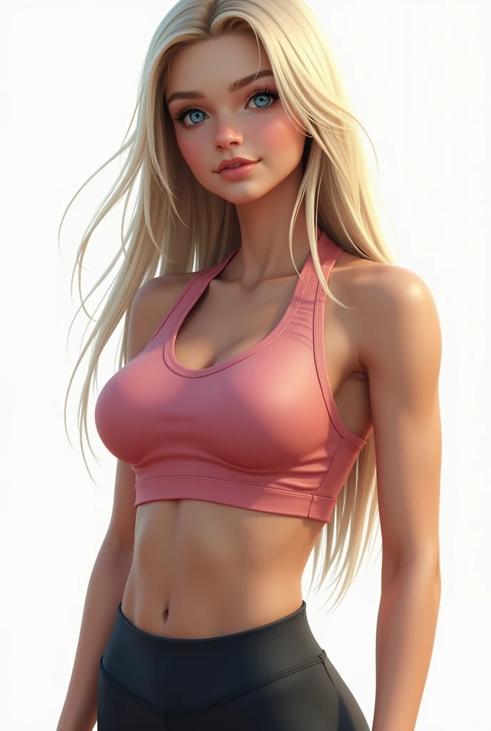 Belle fille de 20 ans, realistic, long hair, blond clair, blue eye, smooth hair, très realistic, tenue de sport, good shape, (sur fond png)