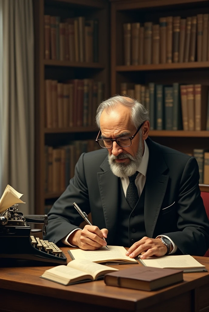 Draw one of the authors, For example, Unamuno, writing at his desk, experimenting with literary forms. In the background, You could display books stacked with famous titles from the Generation of '98, such as “Fog” or “Basque Land”, highlighting innovation in narrative and language.