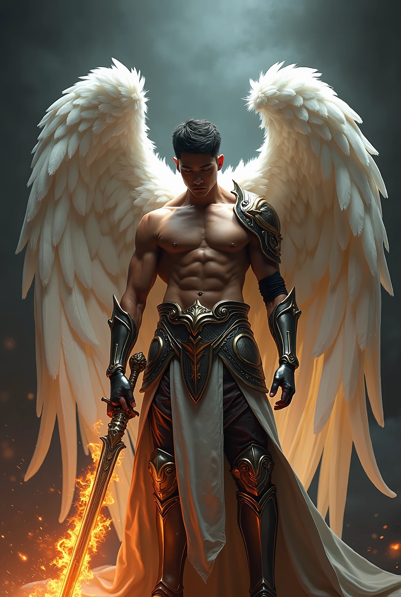 masterpiece, best quality, realistic, ultra detailed, sexy, homoerotic, movie poster style, dungeons and dragons, character design, filipino man with round face, muscular, fashionable dark hair, white angel wings, celestial heavy armor, dramatic hero pose with flaming sword, ambient lighting, dramatic shadows