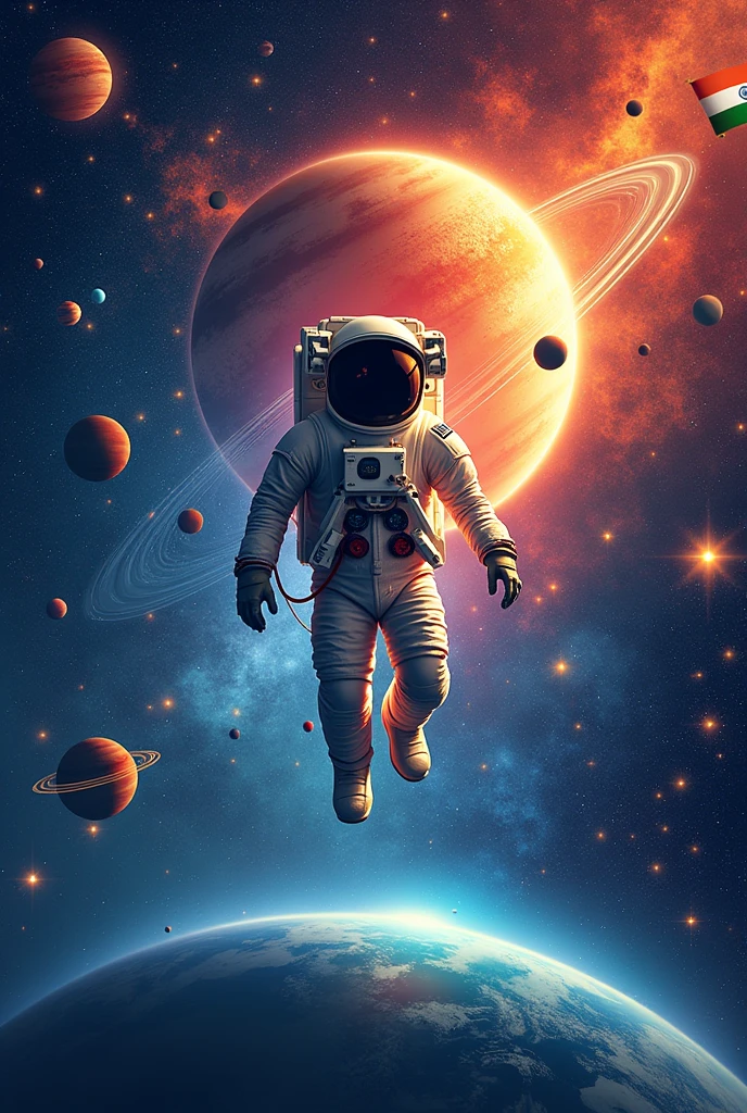 Create me a poster for national space day with rocket planets stars space stations astronaut and give wordings as national space day with Indian flag