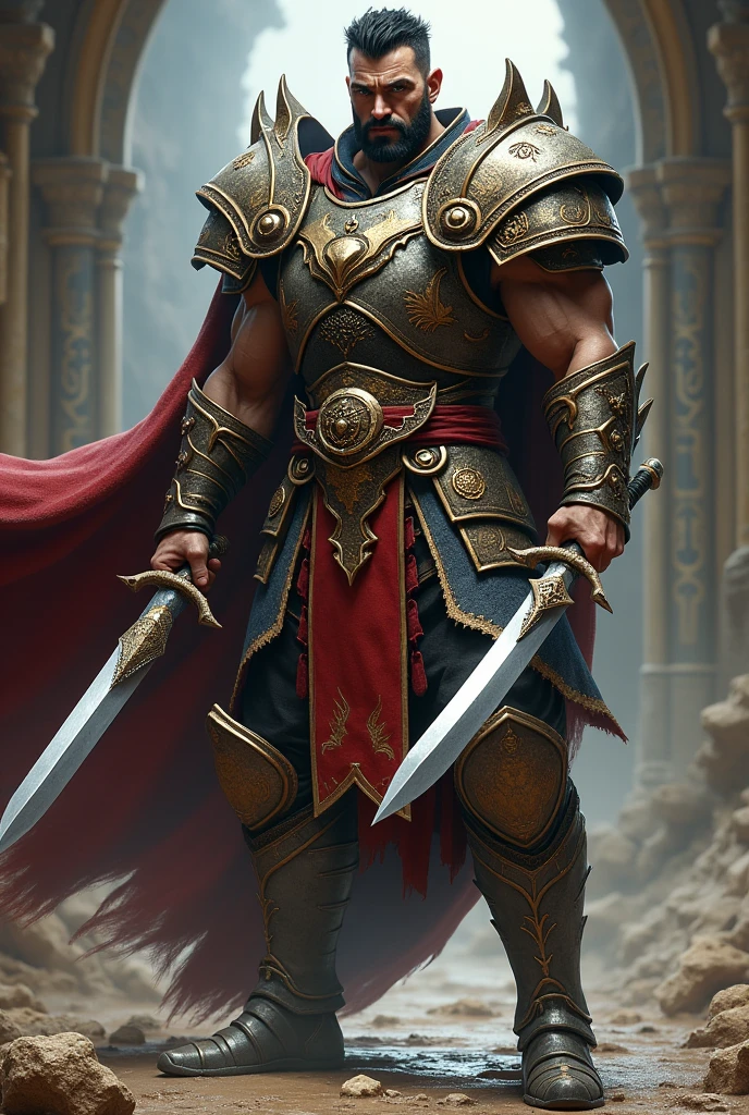 Create a king 2 with an athletic body, with light armor with wolf details. short black hair, thin beard and mustache. holding a dagger in each hand.