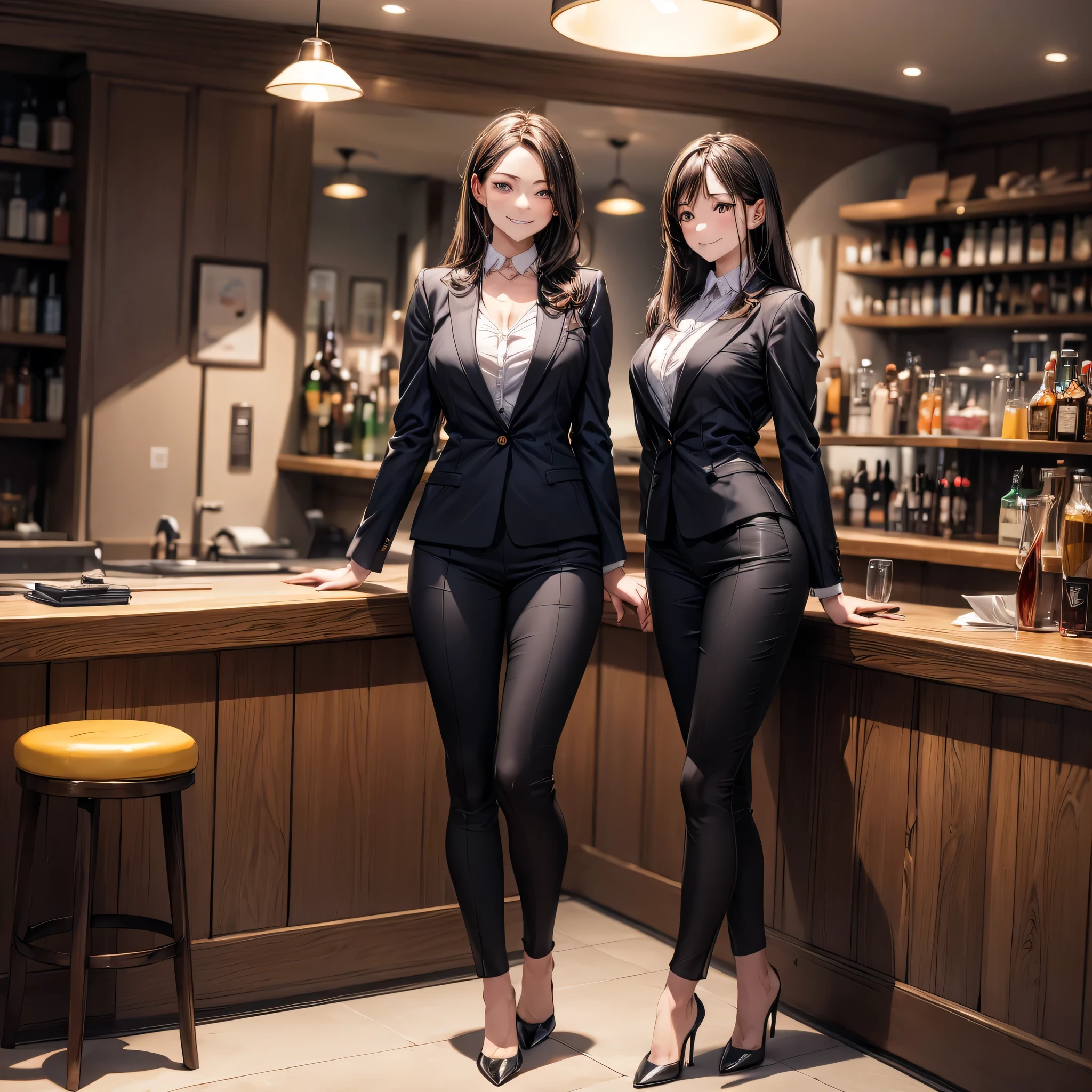 (masterpiece:1.3),(best quality, highest quality),((Full Body Shot,Including face)),2girls,4K,masterpiece,((Focus on the face)),((Symmetrical facial features)),Beautiful woman,(Slender),((High heels)),Detailed depiction of the face, Cafe clerk ,In front of the bar counter,profile,Slenderな女性,In a suit,Age 25,(smirk),OL