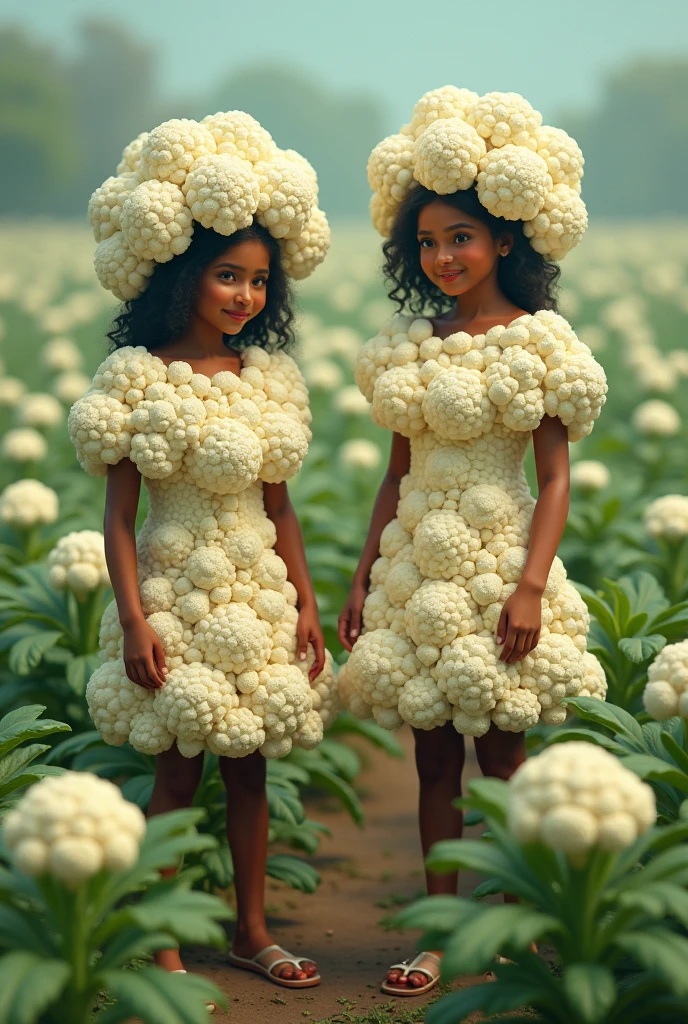 Two girls wearing clothes made of cauliflower are standing in a cauliflower field Real Indian