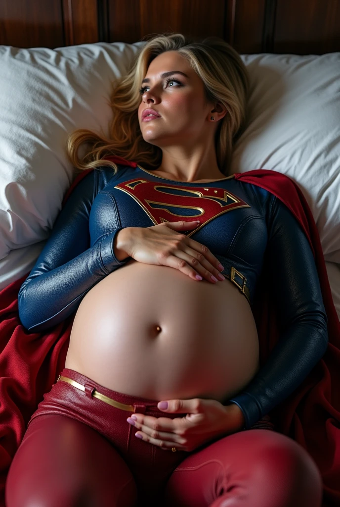 A PREGNANT SEXY SUPERGIRL, WEARING HER BLUE LEATHER SUPERGIRL OUTFIT AND RED LEATHER CAPE, LAYING ON HER BED LOOKING AT THE VIEWER, HOLDING HER BELLY. LARGE HYPNOTIC CIRCLES HER WIDE OPEN EYES. INCREDIBLE DETAILS, HYPER DETAILED IN 8K RESOLUTION, MILLIONS OF COLORS. HER PREGNANT BOOBS STRETCHING HER SUPERGIRL OUTFIT.