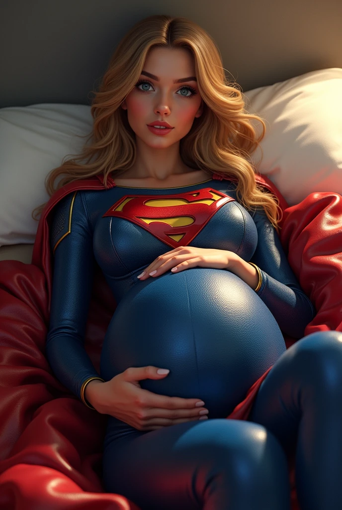 A PREGNANT SEXY SUPERGIRL, WEARING HER BLUE LEATHER SUPERGIRL OUTFIT AND RED LEATHER CAPE, LAYING ON HER BED LOOKING AT THE VIEWER, HOLDING HER BELLY. LARGE HYPNOTIC CIRCLES HER WIDE OPEN EYES. INCREDIBLE DETAILS, HYPER DETAILED IN 8K RESOLUTION, MILLIONS OF COLORS. HER PREGNANT BOOBS STRETCHING HER SUPERGIRL OUTFIT.