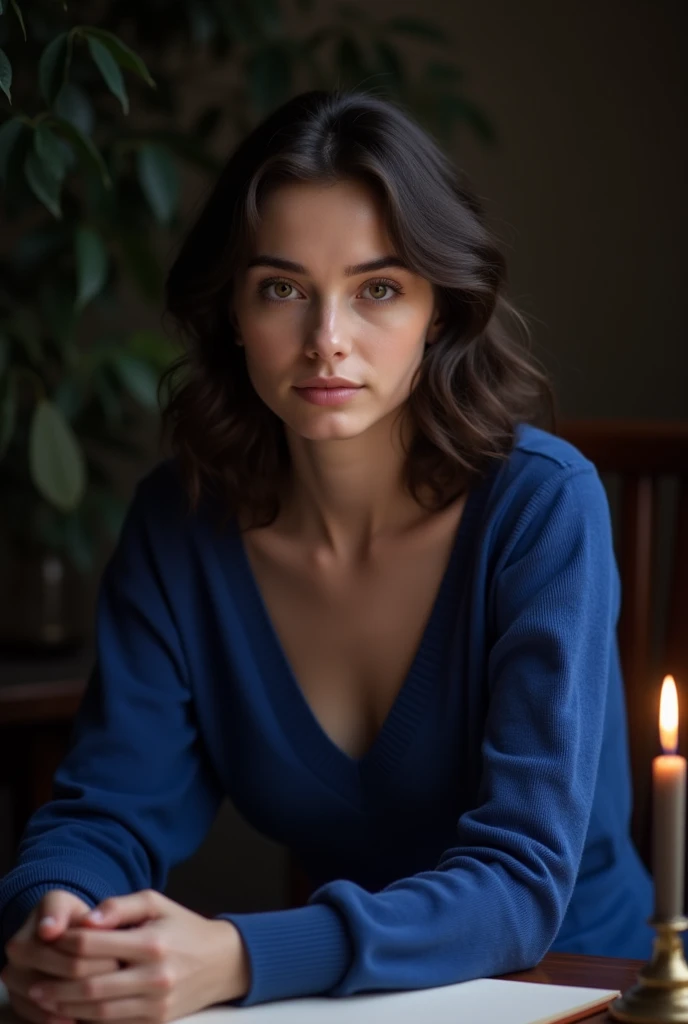 Young woman of 2, black hair with falling waves, hazel eyes, Pale skin, soft features, europea, calm expression, Royal blue long sleeve sweater, looking to the camera, dark background room, Two types of lighting, sitting behind a desk with a lit candle. 