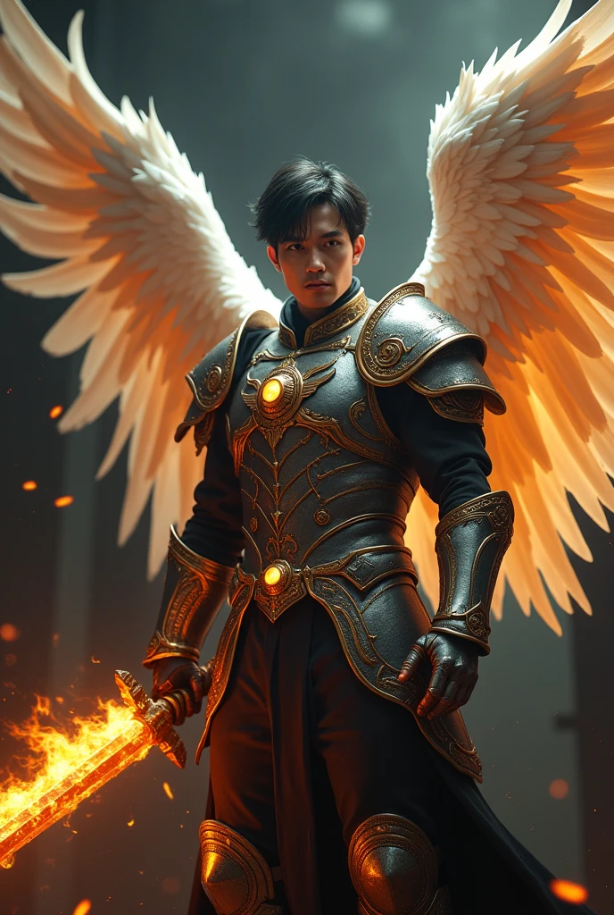 masterpiece, best quality, realistic, ultra detailed, sexy, homoerotic, movie poster style, dungeons and dragons, character design, bruneian man with round face, muscular, fashionable dark hair, white angel wings, celestial heavy armor, dramatic hero pose with flaming sword, ambient lighting, dramatic shadows