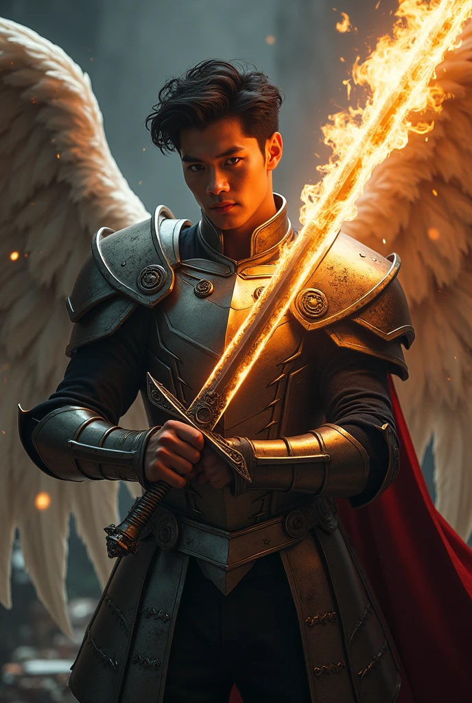 masterpiece, best quality, realistic, ultra detailed, sexy, homoerotic, movie poster style, dungeons and dragons, character design, bruneian man with round face, muscular, fashionable dark hair, white angel wings, celestial heavy armor, dramatic hero pose with flaming sword, ambient lighting, dramatic shadows