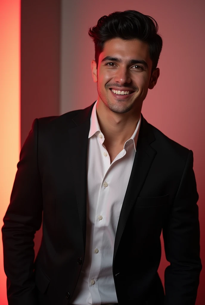A young man with dark hair and a code smile. He is dressed in a black blazer ove a whiteshirt.
The man is positioned against a la colour backdrop with a subtle red lighting on the left side. and he posing for Linkedin ofile