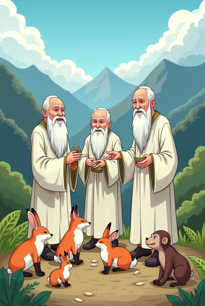 Three elderly men wearing long white clothes stood in the mountains and looked at rabbits、Fox and monkey asking for food cartoon version