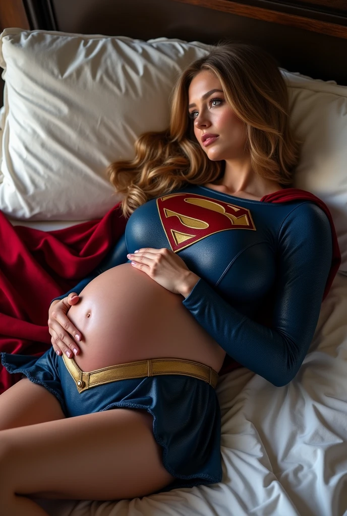 A PREGNANT SEXY SUPERGIRL, WEARING HER BLUE LEATHER SUPERGIRL OUTFIT AND RED LEATHER CAPE, LAYING ON HER BED LOOKING AT THE VIEWER, HOLDING HER BELLY. LARGE HYPNOTIC CIRCLES HER WIDE OPEN EYES. INCREDIBLE DETAILS, HYPER DETAILED IN 8K RESOLUTION, MILLIONS OF COLORS. HER PREGNANT BOOBS STRETCHING HER SUPERGIRL OUTFIT.