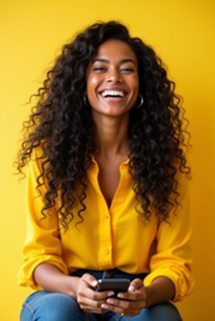Realistic photo of a successful black Brazilian woman with long wavy hair in a yellow blouse, and is very confident and happy, with a successful woman pose, ONLY THE FACE, now with a light yellow background, sitting, using cell phone