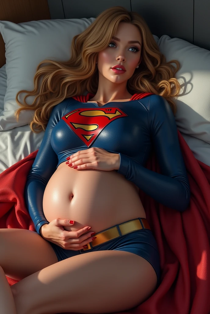 A PREGNANT SEXY SUPERGIRL, WEARING HER BLUE LEATHER SUPERGIRL OUTFIT AND RED LEATHER CAPE, LAYING ON HER BED LOOKING AT THE VIEWER, HOLDING HER BELLY. LARGE HYPNOTIC CIRCLES HER WIDE OPEN EYES. INCREDIBLE DETAILS, HYPER DETAILED IN 8K RESOLUTION, MILLIONS OF COLORS. HER PREGNANT BOOBS STRETCHING HER SUPERGIRL OUTFIT.