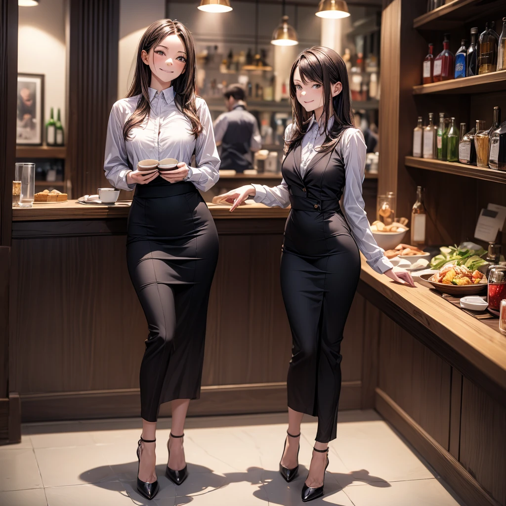 (masterpiece:1.3),(best quality, highest quality),((Full Body Shot,Including face)),girls,4K,masterpiece,((Focus on the face)),((Symmetrical facial features)),Beautiful woman,(slender),((High heels)),Detailed depiction of the face, Cafe clerk ,In front of the bar counter,profile,slenderな女性,suit,skirt,Age 25,(smirk),OL,lily