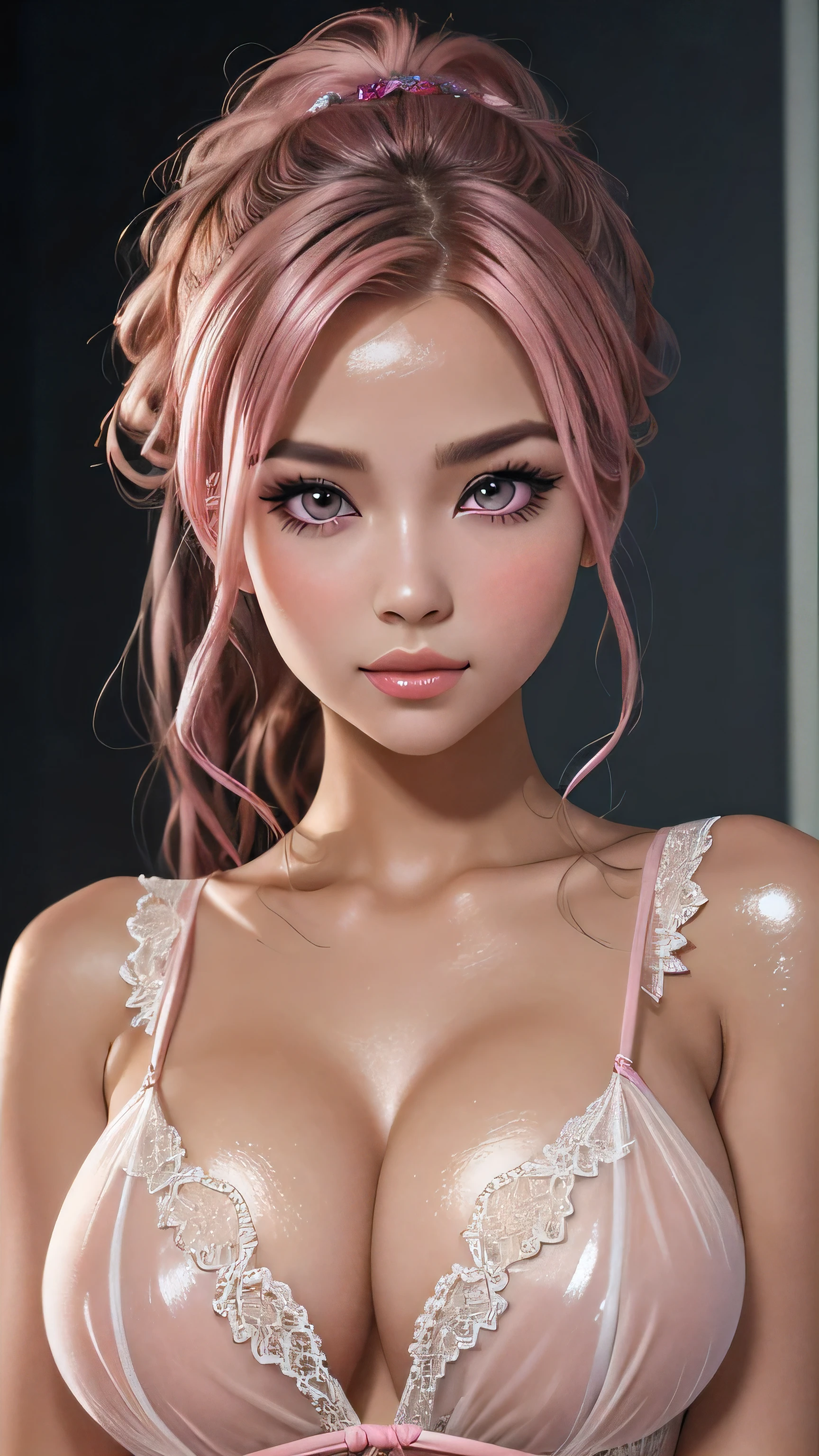 One girl, (Highest quality:1.4), (Very detailed), (Detailed light), (Very detailed美しい顔), Great face and eyes, Pink Hair, Pink Eyes, Beautiful sheer lace detailing, Beautiful breasts,, Very detailed CG synthesis 8k wallpaper, High resolution raw color photos, Professional photography, Dynamic Lighting, (((Shiny skin 1.5))), Depth of written boundary,