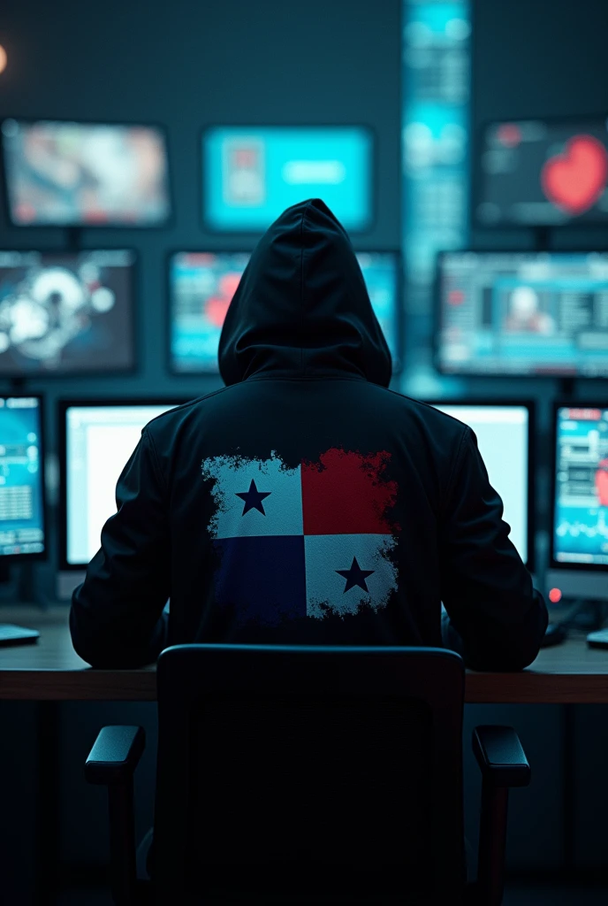 Man sitting with his back to many monitors wearing a black hacker coat with the name King E written on the back and the flag of Panama.