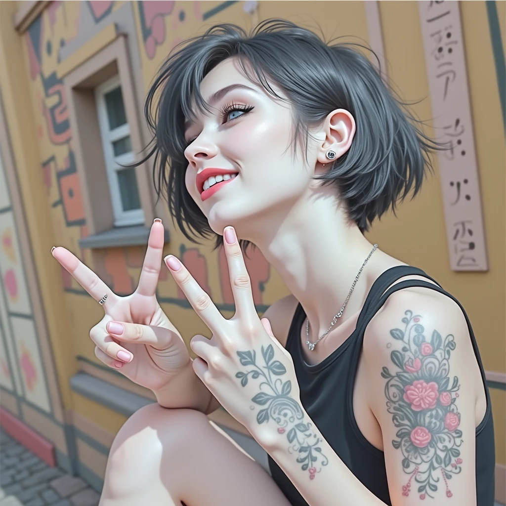 RAW photo, best quality, masterpiece, ((photorealistic)), Polish girl, 20 years old, black hair, Light grey eyes, short bob cut, hair in 7 thirds, hair over one ear, Symmetrical eyes, Detailed Skin, Detailed face, Detailed hands, Big Breasts, rip gloss, Photographed in front of a colorful, stylish exterior wall, smiling, eyes closed, peace sign with both hands, upper body, sunny, outdoors, detailed background,