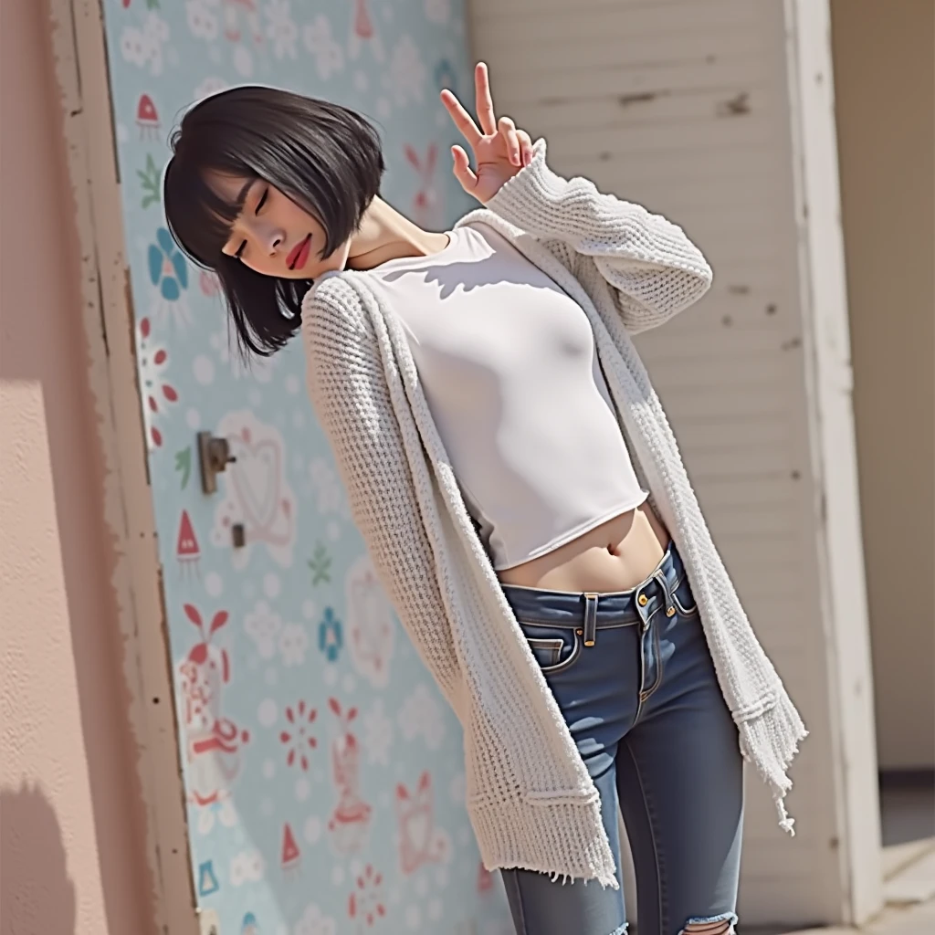 RAW photo, best quality, masterpiece, ((photorealistic)), Polish girl, 20 years old, black hair, Light grey eyes, short bob cut, hair in 7 thirds, hair over one ear, Symmetrical eyes, Detailed Skin, Detailed face, Detailed hands, Big Breasts, rip gloss, Photographed in front of a colorful, stylish exterior wall, smiling, eyes closed, peace sign with both hands, upper body, sunny, outdoors, detailed background,