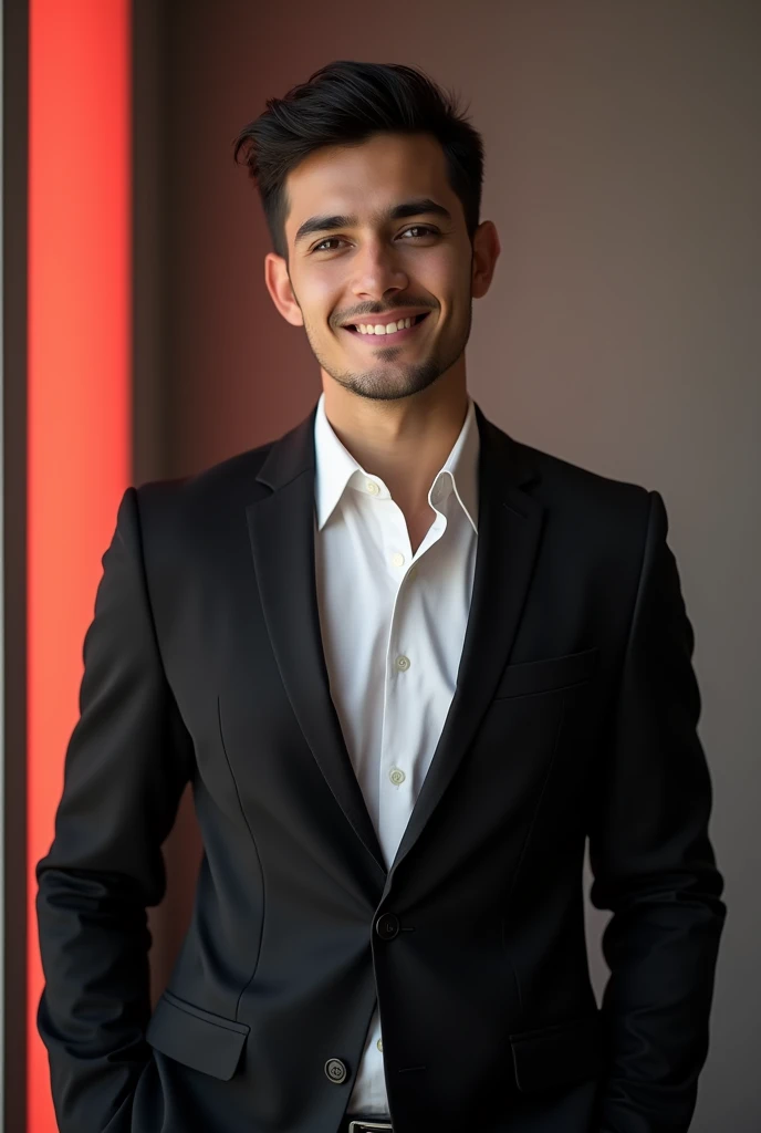 A young man with dark hair and a code smile. He is dressed in a black blazer ove a whiteshirt.
The man is positioned against a la colour backdrop with a subtle red lighting on the left side. and he posing for Linkedin ofile