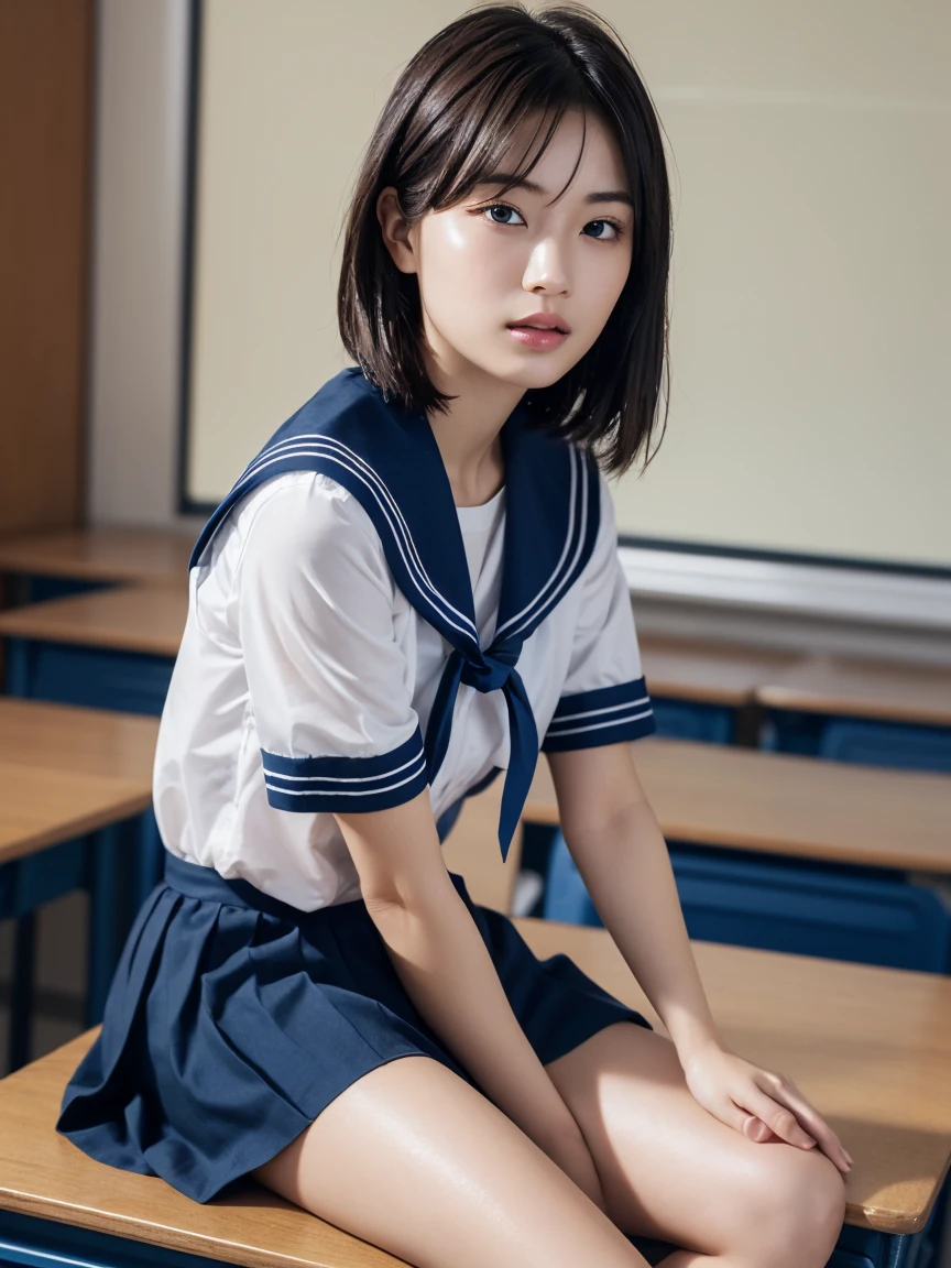 masterpiece:1.2, Very detailed, Ultra-high resolution, Realistic, photo Realistic:1.6,High-resolution RAW color photos, Professional photos, Sharp focus:1.2, Very detailed顔と肌の質感, Very beautiful eyes, Glossのある肌, Glowing Skin, Glowing Skin, Shining Face, Gloss, Oily skin, greasy face, Oily skin, greasy face, real Glossのある肌 texture, Perfect Anatomy, Very detailed背景,(High school classroom at night),1 female,25-year-old woman, Japanese women,short hair, Straight hair, bangs, Brown Hair,((Flat Chest:1.6)),Slender legs, ((White short-sleeved sailor suit、Navy blue pleated mini skirt:1.5、Sexy T-panties under skirt)),((Sit on your desk with your knees upright:1.4))、((A wet and very transparent sailor uniform:1.4))、((A bra under a transparent sailor uniform:1.4))、Side view:1.5