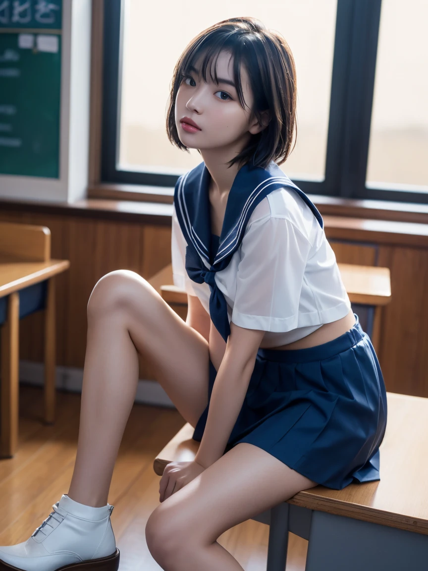 masterpiece:1.2, Very detailed, Ultra-high resolution, Realistic, photo Realistic:1.6,High-resolution RAW color photos, Professional photos, Sharp focus:1.2, Very detailed顔と肌の質感, Very beautiful eyes, Glossのある肌, Glowing Skin, Glowing Skin, Shining Face, Gloss, Oily skin, greasy face, Oily skin, greasy face, real Glossのある肌 texture, Perfect Anatomy, Very detailed背景,(High school classroom at night),1 female,25-year-old woman, Japanese women,short hair, Straight hair, bangs, Brown Hair,((Flat Chest:1.6)),Slender legs, ((White short-sleeved sailor suit、Navy blue pleated mini skirt:1.5、Sexy T-panties under skirt)),((Sit on your desk with your knees upright:1.4))、((A wet and very transparent sailor uniform:1.4))、((A bra under a transparent sailor uniform:1.4))、Side view:1.5
