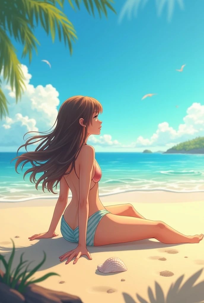 anime girl in bikini on beach with palm tree and ocean,