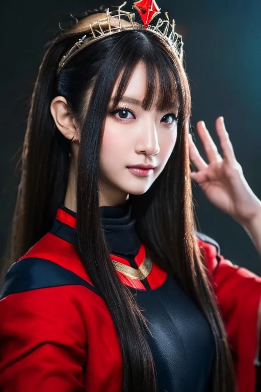 masterpiece, Highest quality, Highest Resolution, 8k, (Portraiture), (close-up of the avatar), (RAW Photos), Actual photo, Digital photography, (Cyberpunk Queen), 20-year-old girl, Long ponytail hairstyles , bangs, (black and blue gradient hair), (Glowing red eyes), Devil Eye, Serious and attractive, Mechanical body, Red glowing electronic components, Red wires and tubes connect the body, Intricate golden electronic texture, Strange technology symbols, Red round forehead symbol, High-end mechanical crown, shut up, (Machine Woman), whole body, Photo pose, Cyberpunk Character, Futuristic style, gray world background, oc rendering reflection texture
