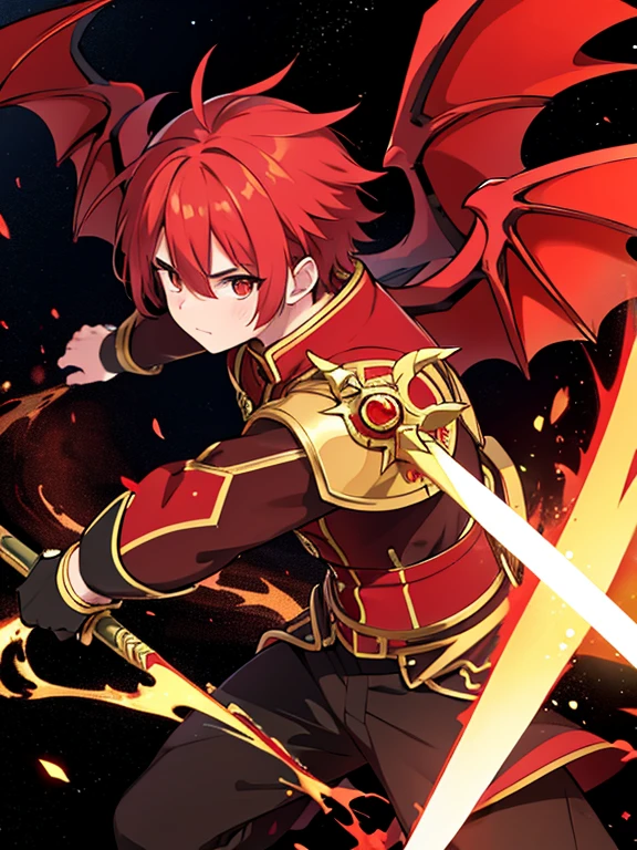 Red and gold eyes, red and gold hair, male, cool, space warrior,
holds a large sword in one hand, has dragon wings,