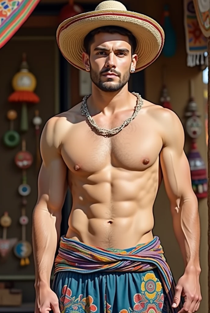 A tall, handsome young white man in a typical Paraguayan costume, a winged Varro de Cambuchi, with a scarf and Paraguayan faces and crafts behind him