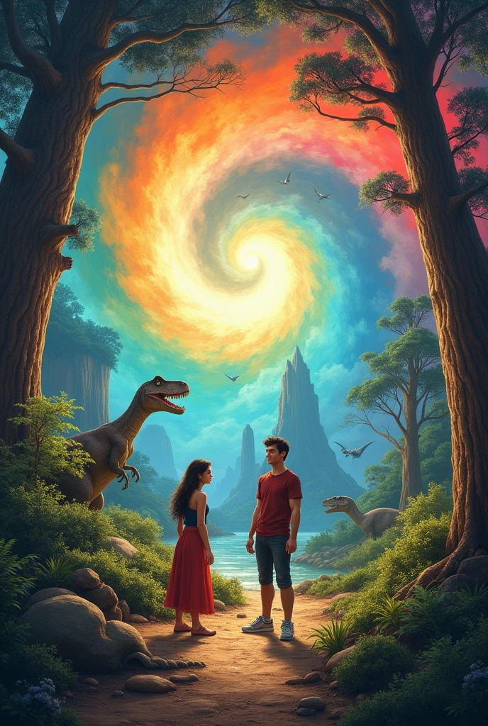 the girl Liz and Jhon Luis the young man winding the old clock, with a colored spiral that transports them to the age of the dinosaurs. u v
