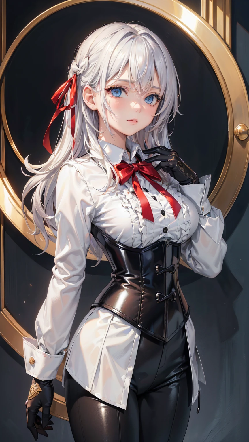 (masterpiece, Best Quality, Very detailed, ultra detailed, High resolution, absurdities, 4k, 8k:1.2), (official art, incredibly good illustration, Extremely detailed CG, detailed background, Professional lighting, dynamic angle, perfect hands, detailed shiny skin, Detailed hair, detailed eyes), 1 girl, Alisa mikhailovna kujou, blue eyes, long silver hair, red hair ribbon, change:1.6, (white long sleeve button down shirt with white collar), black gloves, gloves that cover hands, (black leather corset), (shiny black leggings), standing,