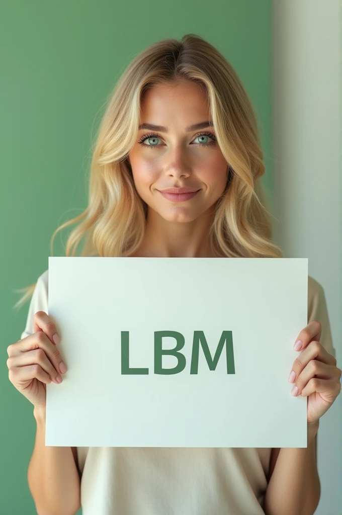 Beautiful blonde woman in 8k ultra realistic with a sign saying LBM ON GREEN AND WHITE BACKGROUND