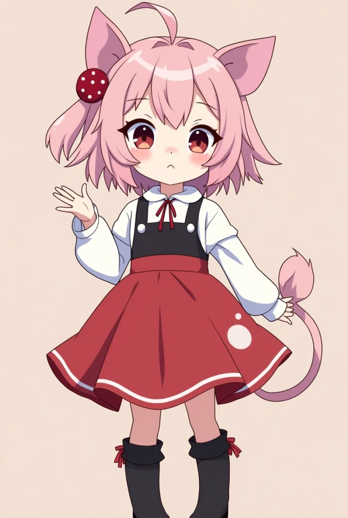 A girl with very light pink skin, pastel pink hair with some black strands, Red loop, pig ears, pig nose,one eye red and the other black,white shirt,red skirt and black jumpsuit,black anime style boots