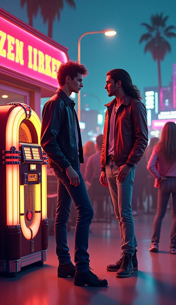 A vibrant 1950s diner with a jukebox glowing in neon lights. The song is personified as a ager in a leather jacket, standing by the jukebox, exuding coolness and confidence. Transition to the 1970s, where the same character, now a free-spirited hippie with long hair and colorful clothes, dances at an outdoor concert surrounded by people. The colors are bright and lively, reflecting the cultural shifts of the times. (size: 1024x1024)
