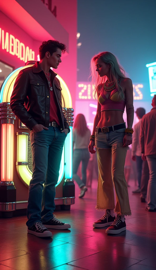 A vibrant 1950s diner with a jukebox glowing in neon lights. The song is personified as a teenager in a leather jacket, standing by the jukebox, exuding coolness and confidence. Transition to the 1970s, where the same character, now a free-spirited hippie with long hair and colorful clothes, dances at an outdoor concert surrounded by people. The colors are bright and lively, reflecting the cultural shifts of the times. (size: 1024x1024)