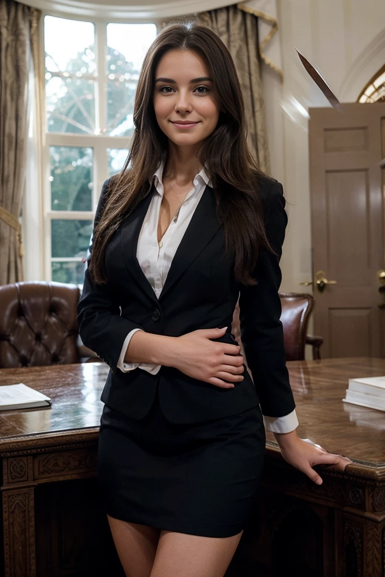 23-year-old brunette woman with long, flowing hair, standing confidently in the Oval Office. She is dressed in a professional, elegant business suit, portraying the role of the President of the United States. She is smiling warmly, conveying confidence and leadership. She has a slim, fit build and carries herself with grace and authority. The scene captures the atmosphere of the Oval Office, emphasizing leadership, empowerment, and professionalism.