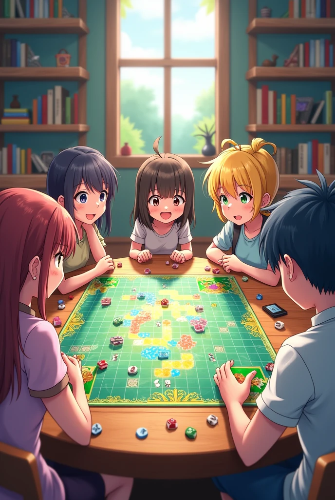 Card games, Cozy cafe、Soft lighting、Wooden table、Warm shades, anime,
Smiling group of friends、sitting around the table、Relaxed posture,
Colorful Cards、spread out on the table、A nervous player