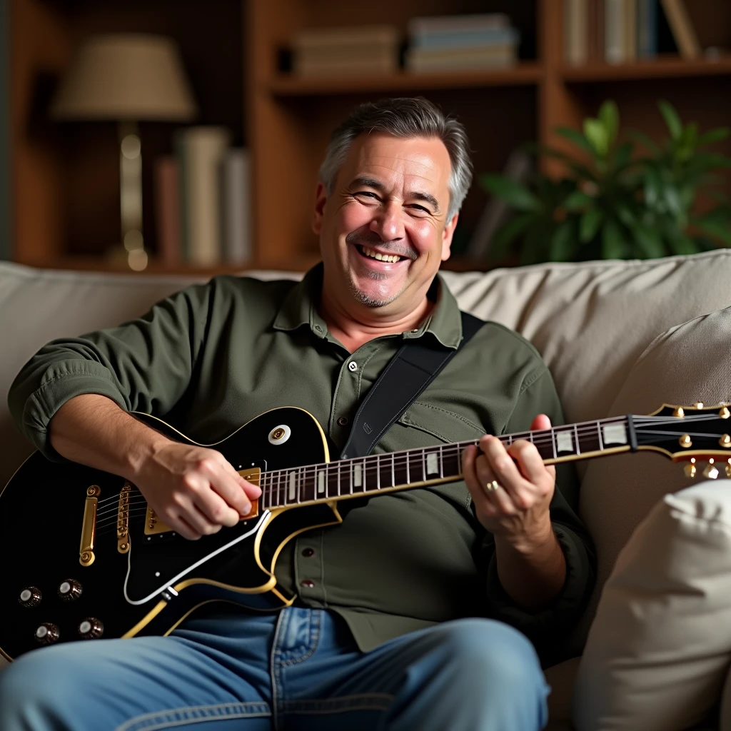 A 34 year old father with brown hair and eyes playing a Les Paul on the couch 8k ultra realistic